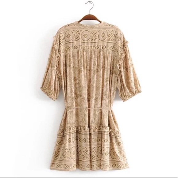 Khaki Autumn Winds Boho Floral Mini Ruffle Dress - Picture 7 of 7